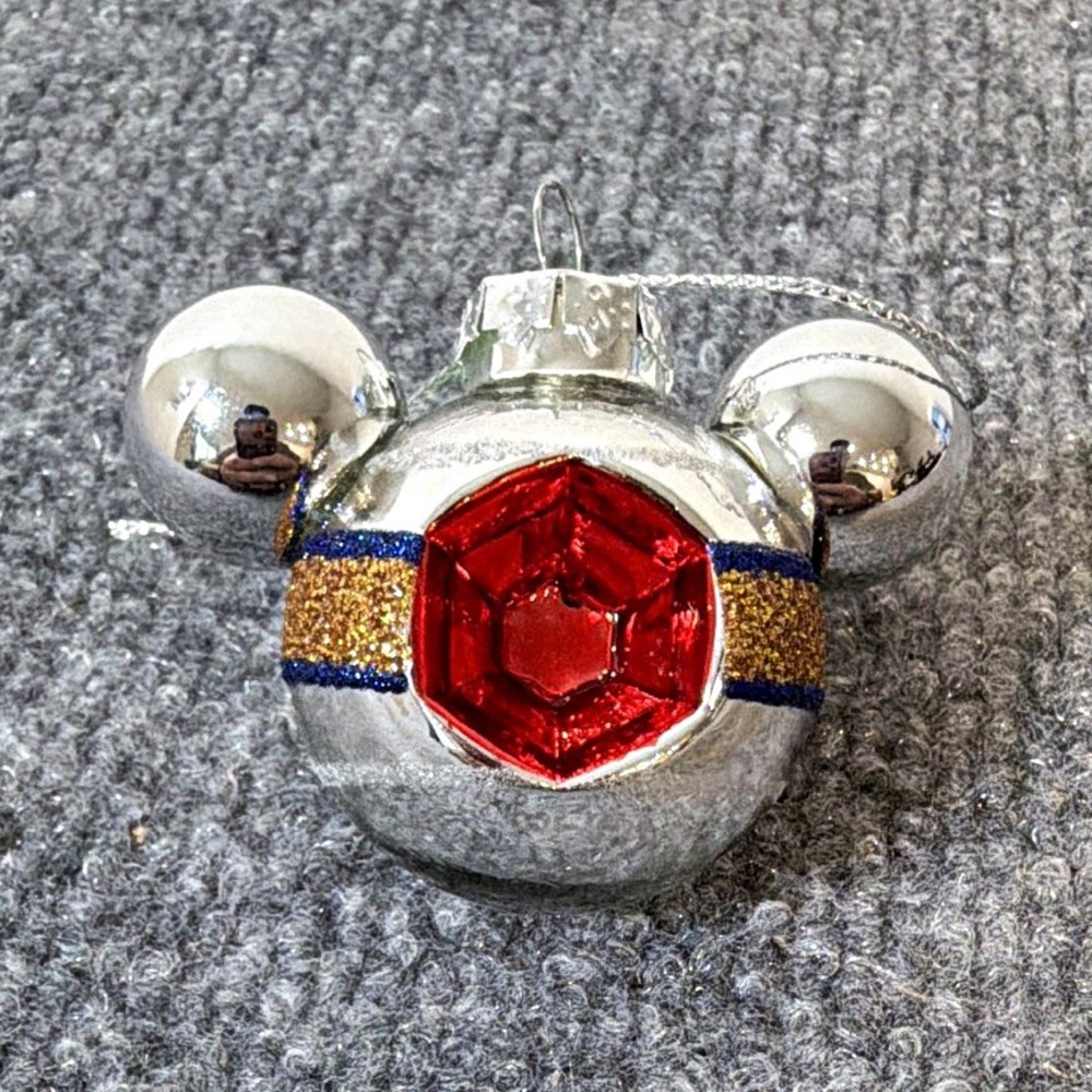 Disney Mickey Mouse Silver Head Christmas Hanging Bauble Ornament w/ Red Jewel